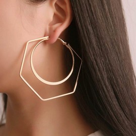 Yienate Large Geometric Hoop Dangle Drop Earrings Gold Round Circle Hoop Drop Earrings Large Hexagon Dangle Earrings Statement Geometric Earrings Jewellery for Women and Girls