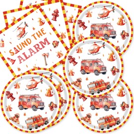 40Pcs Firetruck Birthday Party Decorations Firefighter Fire Truck Party Decorations with Plates Napkins Set for 20 Guests