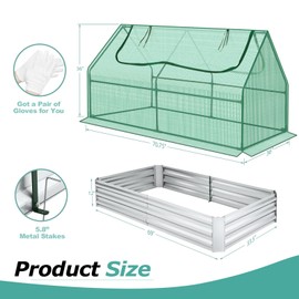 SEJOV 6x3x1ft Galvanized Raised Garden Bed with Cover & 2 Large Windows, Mini Greenhouses for Outdoors, Metal Planter Box Kit for Vegetables Flowers Herbs, 1 Pair of Gloves Included, Green