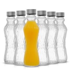 JoyJolt Fluted Glass Water Bottles Set of 6-18 oz Glass Bottles with Stainless Steel Caps - Glass Drinking Bottles with Leakproof Lids - Reusable Glass Juice Bottle - Container Bottle Set