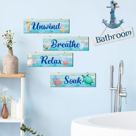 4 Pieces Ocean Bathroom Decor Wooden Summer Bathroom Sign Under the Sea Bathroom Decor Relax Soak Unwind Breathe Wall Art Blue Beach Seashell Sea Turtles Bathroom Wall Art for Home Laundry Room
