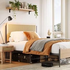 IDEALHOUSE Full Rattan Bed Frame with Headboard, Boho Style Full Platform Bed with Strong Metal Slats Support, Under Bed Storage, Noise-Free, No Box Spring Needed, Light Oak