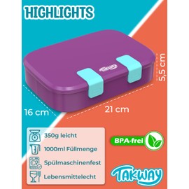 TAKWAY Children's Lunch Box with Compartments - Bento Box Lunch Box BPA Free - Robust and Easy to Open (Purple)
