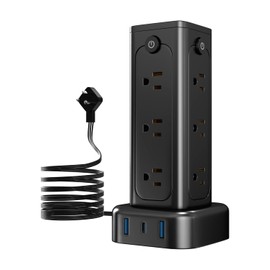 Vertical Power Strip with USB & Type-C, 12 AC Outlets (4 Sided, 3 Per Side) with Independent Switches, 1250W Power Tower for Home Office, Multi-Plug Charging Station, Space-Saving Design