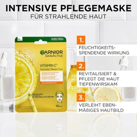 Garnier SkinActive Moisturising Cloth Masks for Sensitive Skin, with Hyaluronic Acid and Vitamin C, for Radiant Skin and a Glow Effect, 5 x 1 Masks