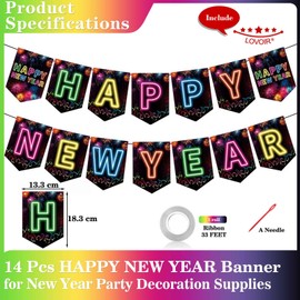 Colourful 2025 Happy New Year Banner, 14 Pcs Colourful Happy New Year Letters Shiny Banner Sign for Celebrate New Year Party New Year Eve Ceremonies Holiday Party Decorations