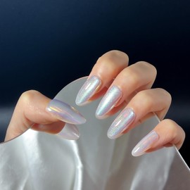 INCHIC Starlight Glow, Long Almond, Blinking Silver, Pink, and Green, 30 Pcs Press on Nail