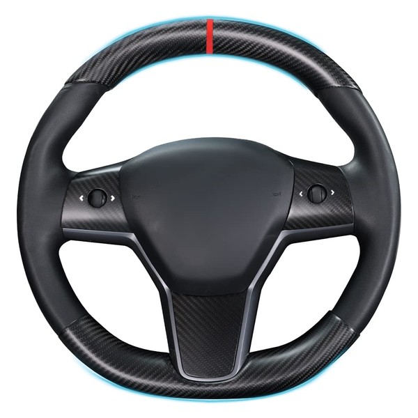 JSWAN Carbon Fiber Steering Wheel Embedded Cover for Tesla Model 3/Y Accessories Interior Modification Steering Wheel Panel Sticker (Matte Black 2 pces)