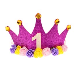 June Bloomy Baby Girls 1st Birthday Crown Rose Flower Headband Golden Tiara First Birthday Hat Photo Prop (Purple 1)