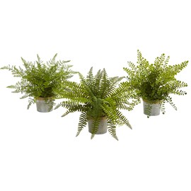 Nearly Natural Artificial Plant, 14” Assorted Ferns with Planter, Set of 3, Green, 3 Piece