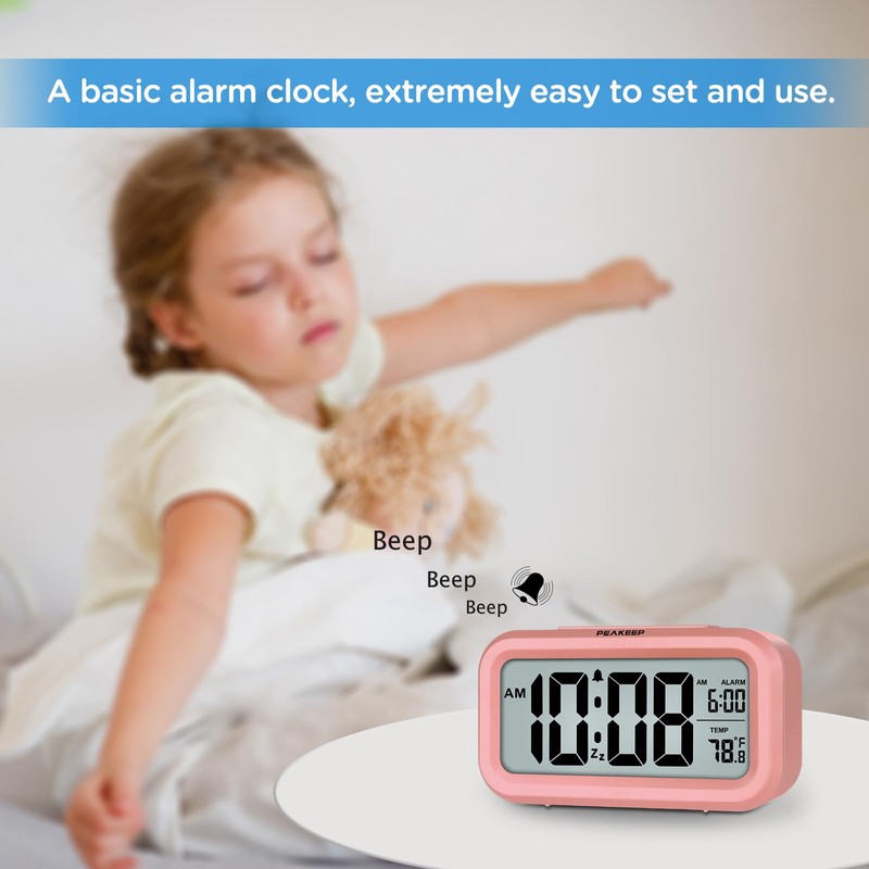 Peakeep Night Light Digital Alarm Clock with Indoor Temperature, Battery