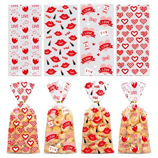 Totelux Valentines Cellophane Goodie Bags Clear Plastic Bags Heart Lips