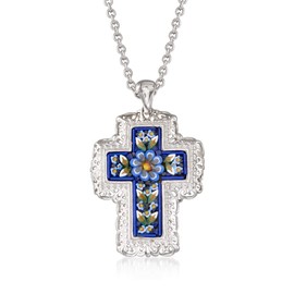 Ross-Simons Italian Murano Glass Mosaic Floral Cross Pendant Necklace in Sterling Silver. 18 inches