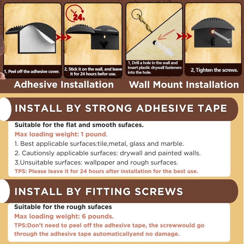 YJKRUJSE 3 Inch Adhesive Hat Hooks for Wall(10-Pack), Cowboy Hat