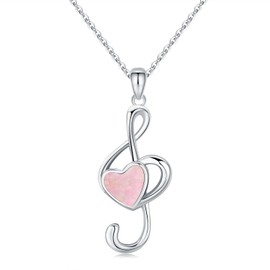 CHENGHONG Musical Note Necklace Simple Sideway Choker Necklace 925 Sterling Silver Opal Necklace for Women Treble Clef Necklace Music Lover Gifts for Mom Women (Pink)