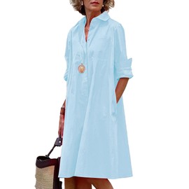 chouyatou Women's Spring Summer Button-Down Shirt Dress Loose A-Line Midi Shift Tunic Dress (X-Large, Blue)