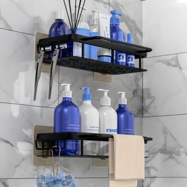 Styptika 2-Pack Adhesive Shower Caddy – Rustproof Aluminum Black Shower Shelves with Towel Bars & Hooks, No Drill Bathroom Organizers and Storage, Anti-Tip Shower Organizer for Inside Shower