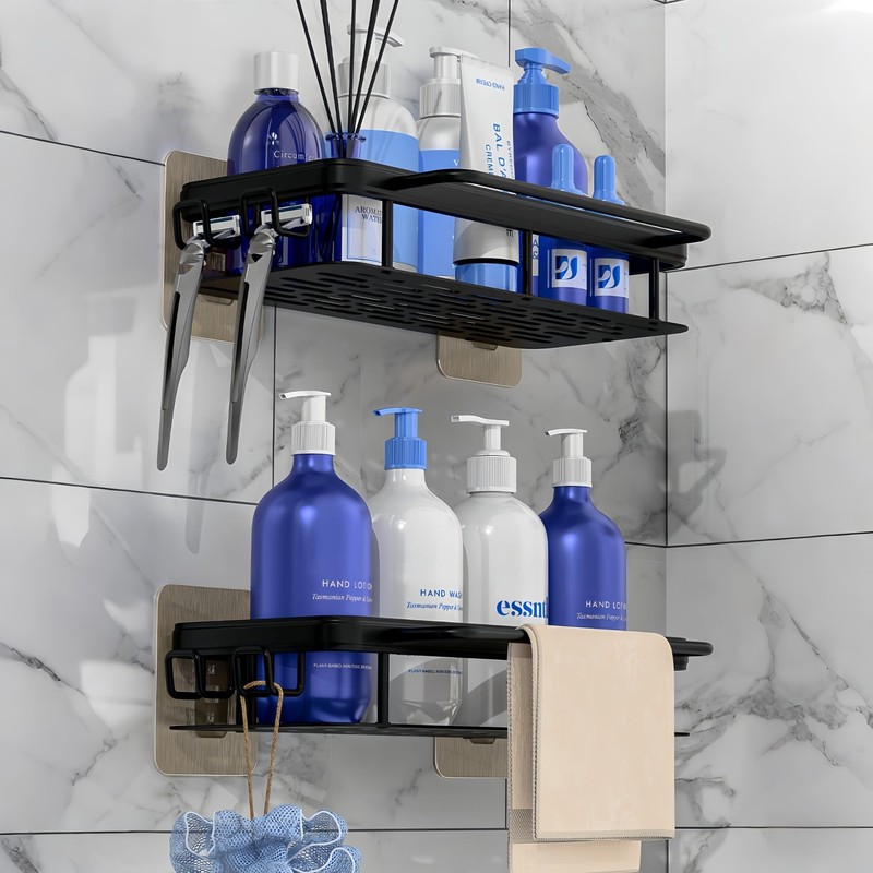 Styptika 2-Pack Adhesive Shower Caddy – Rustproof Aluminum Black Shower