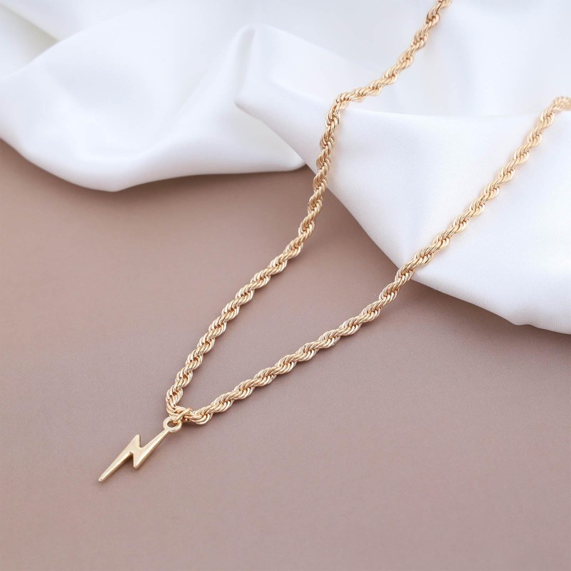 TseenYi Lightning Pendant Necklace Gold Thunder Pendant Necklace Twist Chain