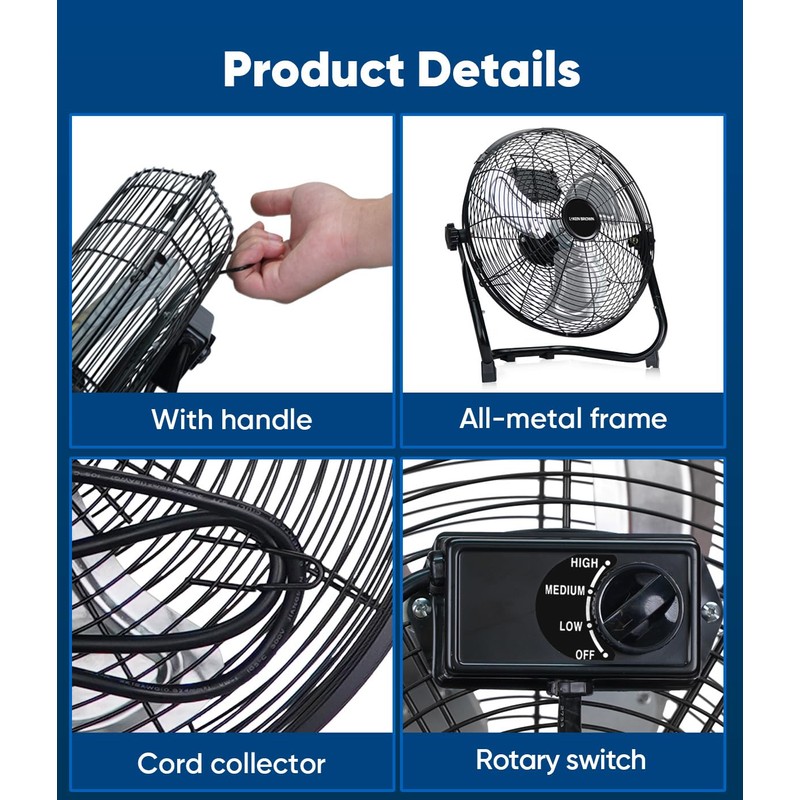 KEN BROWN 14 Inch High Velocity Metal Floor Fan 3-Speed