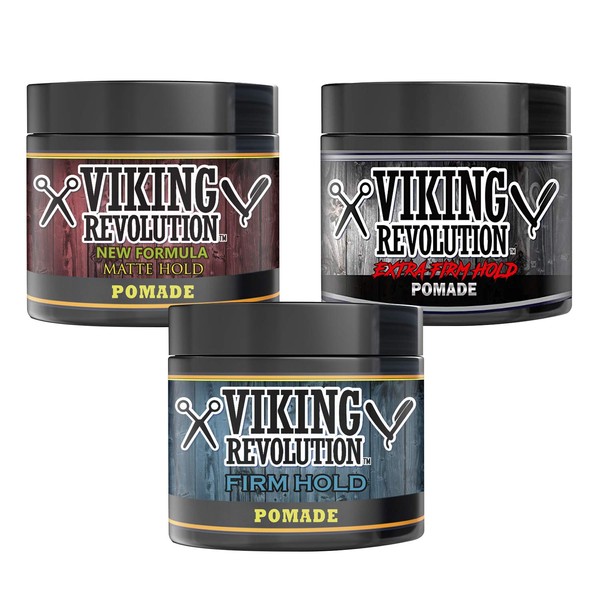 Viking Revolution Pomade for Men – Style & Finish Your Hair - Firm Strong Hold & High Shine for Men’s Styling Support - Water Based Male Grooming Product is Easy to Wash Out, 4oz (Mix-Firm,Extreme,Matte, 3 Pack)