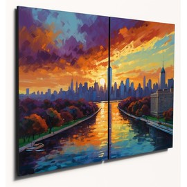 The Plum Penguin Manhattan Sunset Skyline Wall Art A4 Twin Set Wood MDF Vibrant Home Decor Canvas Alternative 40 x 30cm