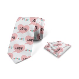 Ambesonne Romantic Men's Tie Set, Valentine's Day Hearts Along Xoxo Letters Love Themed Teenage Birthday, Necktie Set Groom Handkerchief for Parties Weddings & All Occasions, Pale Pink and White