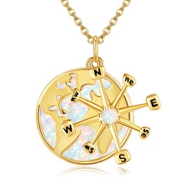 AXOMY Compass Necklace 925 Sterling Silver Opal World Map Pendant Necklace Graduation Compass Earth Globe Jewelry for Women Travel Lover