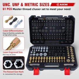 AKM 61Pcs Thread Restorer Kit, Rethread Repair Tool, UNC UNF & MetricThread Chaser Set with Thread Pitch Gauge