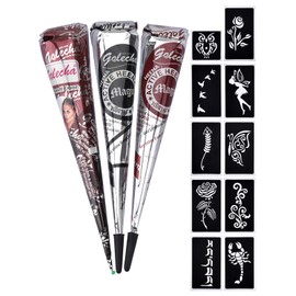 eLander 3 x Henna Temporary Tattoo Natural Tattoo + 10 x Henna Tattoo Stencil, Temporary Mehndi Tattoos, Natural Cones, Tattoo Stickers, Temporary Tattoo (Black, Brown, Red Brown)