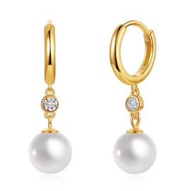 JAXXEL White Pearl Earrings for Women, Fishhook Pearl Drop Earrings with Platinum Plated CZ Diamond, 5A+ Cubic Zirconia Pearl Dangle Earrings Fine Jewelry for Ladies 12MM