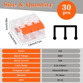 TAIHOBO Terminals 3 Pin, Pack of 30 Cable Connectors, Reusable Electrical Terminals, Cable Clamps Electric, 0.14-4 mm² Conductor Clamp Lustre Terminals Connection Clamp for Electrical Installation and