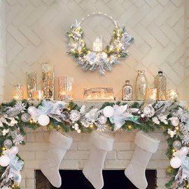 Pre-lit 6 feet Winter White Silver Christmas Garland - 20 LED Lights with Timer,vofuly Lighted Christmas Garland for Mantle Fireplace Stairs,Christmas Decoration for Front Door,Holiday in/Out Decor