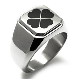 Stainless Steel Four Leaf Clover Heart Square Flat Top Biker Style Polished Ring, Size 9