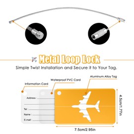 Yizhet 6 x Luggage Tags with Address Label, Aluminium Luggage Tag, Suitcase Sign with Stainless Steel Cable and Waterproof PVC Name Tag, Luggage Tags for Luggage, Suitcase, Bag, Handbag (Gold)