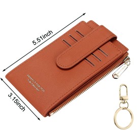 Favydov RFID Blocking Compact Slim Wallet for Women PU Leather 11 Card Holder Zipper Coin Purse Money Organizer with Keychain Brown