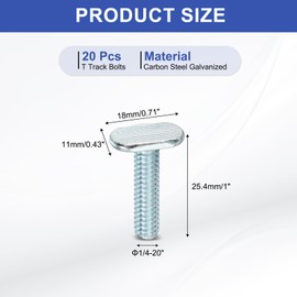 PATIKIL 1/4"-20 t Track Bolts, 20 Pack 1 Inch T-Slot Bolts Kayak Rail Bolt Accessories for Universal t Track Woodworking Jigs and Fixtures, Silver