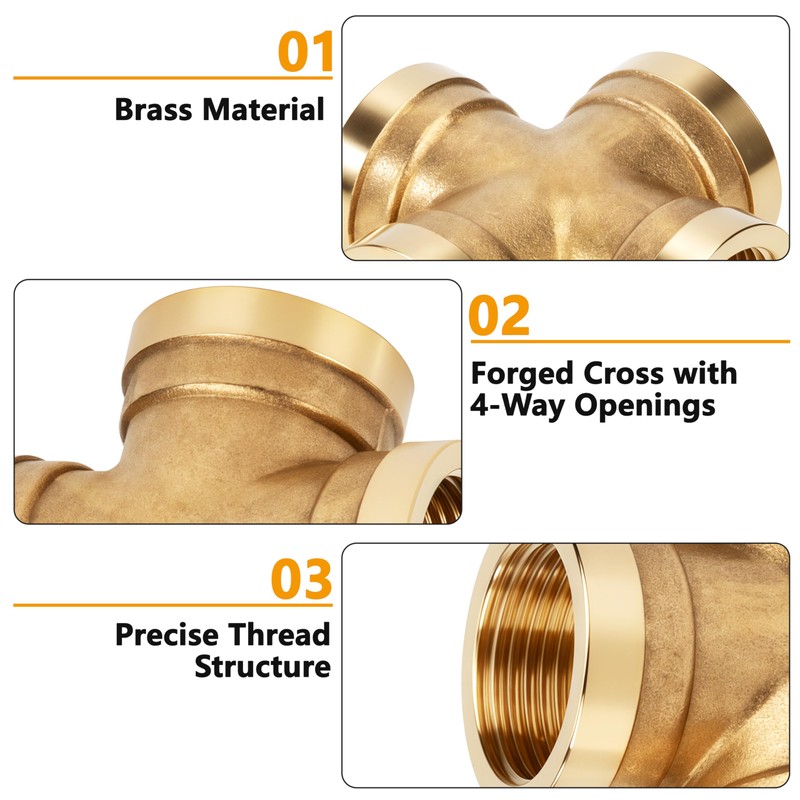 Brass Cross Pipe Fitting, 3/4 Female Threaded 4 Way Coupling