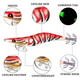 Squid Bait, Squid Bait, 4 Pieces, Luminous Plastic Shrimp Bait, Squid Shrimp Jig Jigging Bait, Night Dawn Fishing, Shrimp Lure, Artificial Bait in Fluorescent Colours