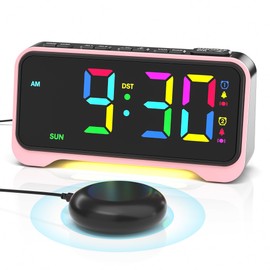 Extra Loud Vibrating Alarm Clock with Bed Shaker for Heavy Sleepers Adult Hearing Impaired Kids, RGB Alarm Clocks for Bedrooms with 10-Color Modes/Night Light/USB Charger/7 Dimmer/Battery Backup