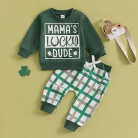 Geagodelia Baby Boy St. Patrick’s Day Outfits Lucky Clover Charm Clothes Long Sleeve Sweatshirt Jogger Trouser Green Tracksuit (Army Green, 2-3 Years)