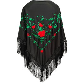 MANTONDEMANILA.COM Scarf and Accessories Set - Embroidered Scarf with Accessories Flamingo Style and Embroidered Bracelet for Popular Parties and Events, Black, green and red flowers