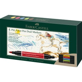 Faber-Castell Art & Graphic Pitt Artist Pen Dual Marker India Ink, Multicoloured, Wallet Of 5, For Art, Craft, Drawing, Sketching, Home, School, University, Colouring