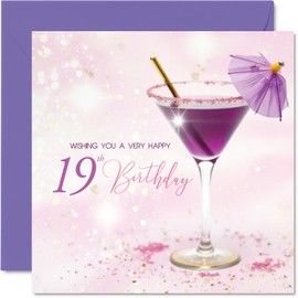 Stuff4 19th Birthday Cards for Women - Purple Cocktail - Happy Birthday Card for 19 Year Old Woman Granddaughter Aunt Daughter Niece, 5.7 Inch Bday Greeting Cards