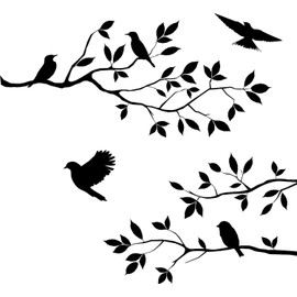 RETON Birds on Tree Branch Wall Decal, Removable Vinyl Black Birds Leaves Wall Stickers, 60 cm x 35 cm Tree Branch Wall Decals for Bedroom Living Room