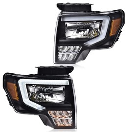 Projector Headlights Assembly LED Compatible with Ford F150 2009-2014 LED Tube Dual Projector with Activation Light/Switchback DRL/Sequential Signal Clear lens Black Housing Amber Reflector