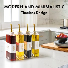 EDELHAUS Glass Olive Oil Dispenser Bottle Set [4x12oz]: 36 Premium Gold Labels, Oil Dispenser for kitchen, Vinegar Bottle Set, Glass Dispensers for Soy Sauce, Syrup Bottles | Set of 4