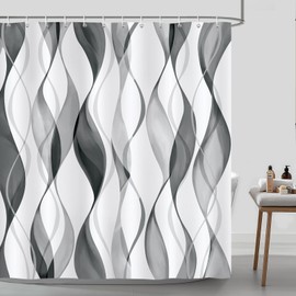 Bonhause Shower Curtain Black Grey Waves Striped Modern Abstract Shower Curtains 180 x 180 cm Anti-Mould Waterproof Polyester Fabric Washable Bathroom Curtain for Bathroom with 12 Hooks