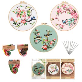 Chwang 3 Sets Embroidery Starter Kit with Bird Pattern, Embroidery Kit for Beginners Include Embroidery Hoop, Fabric, Threads and Needles for Cross Stitch Set Wall Decoration(Style 2-Bird)