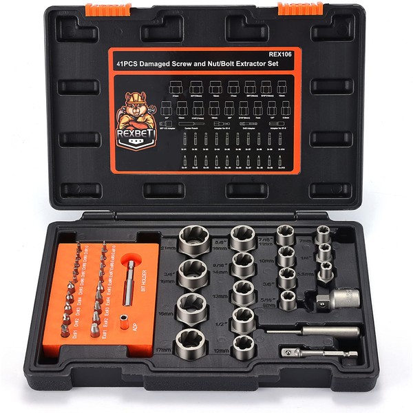 REXBETI 41-Piece Impact Bolt Extractor Screw Extractor Set and Stripped Screw Remover, Case with 16-Piece Bolt Extractor, 10-Piece HSS Drill Bit, 10-Piece Spiral Screw Extractor and 4 Piece Adapter